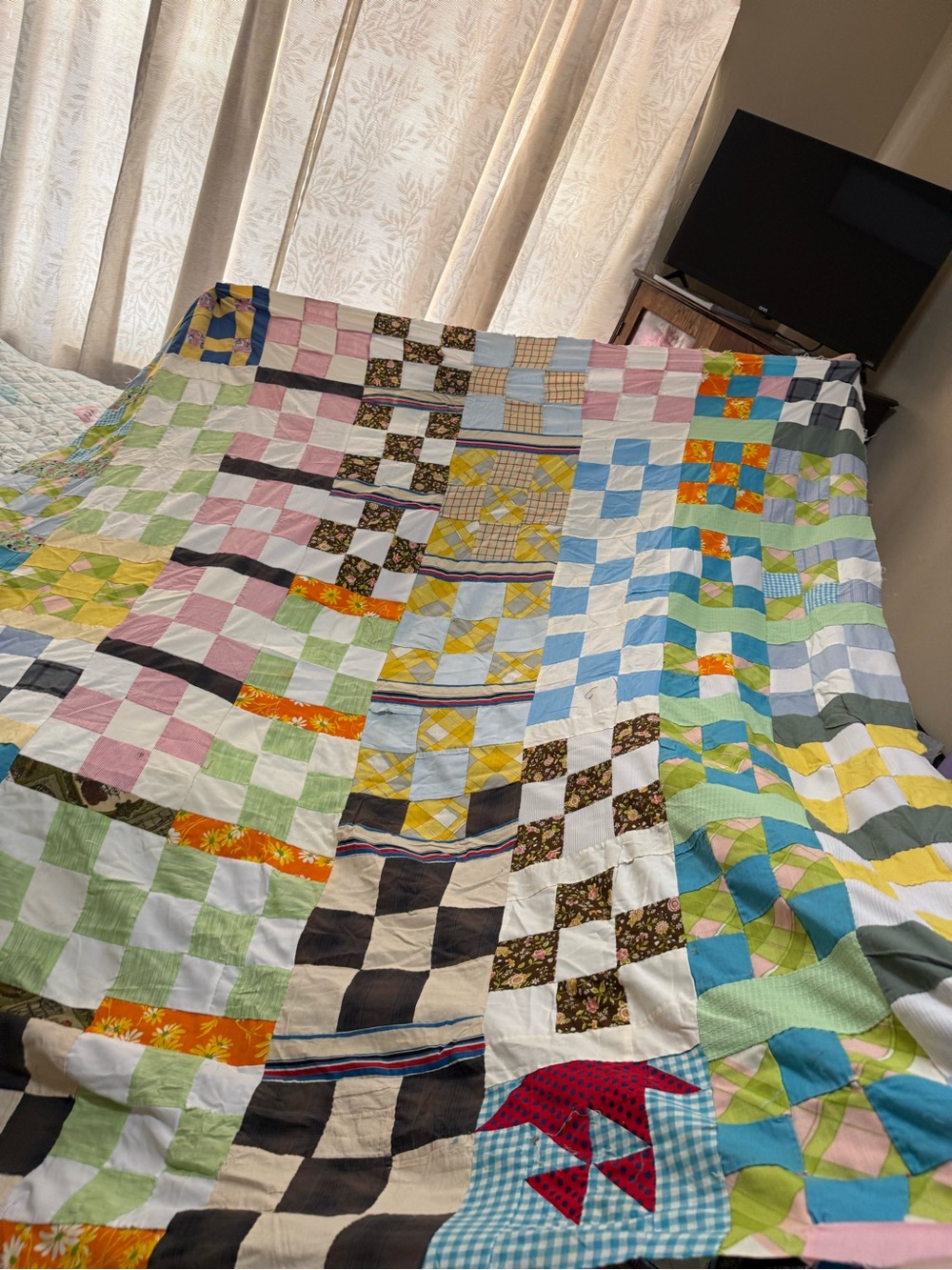Multicolor Patchwork Quilt Top - Vibrant Check & Floral Design